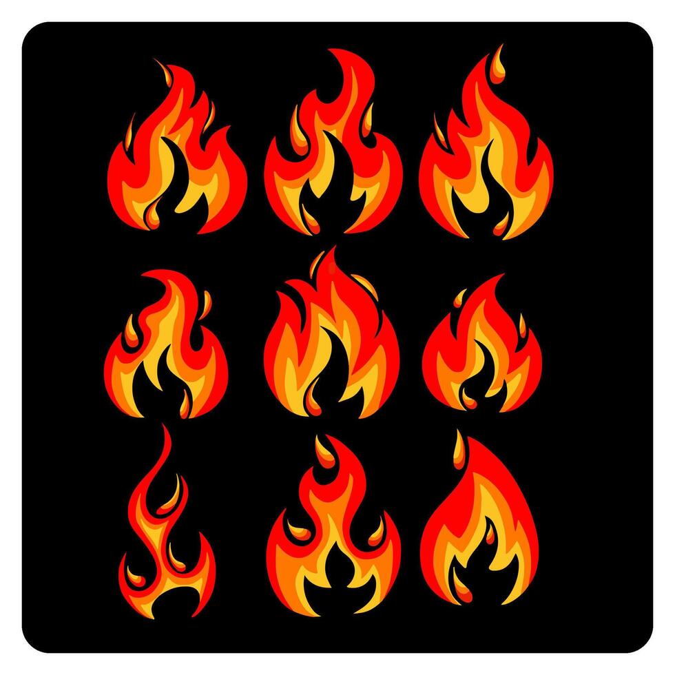 Cartoon fire flames set. Hot bonfire elements, burning effects, hell blaze vector