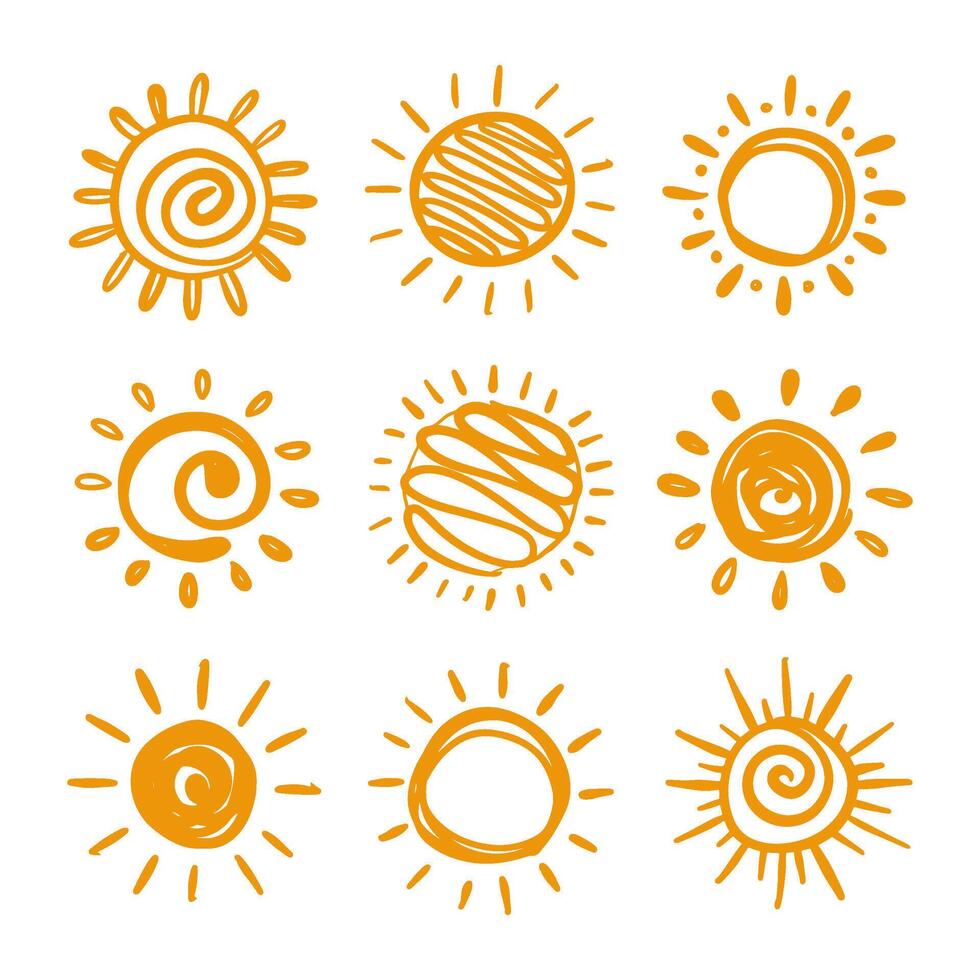 Set of orange suns in Flat design isolated white background. vector