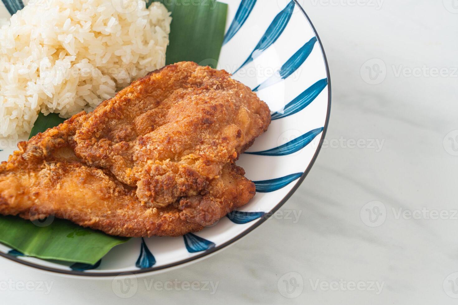 fried chicken with sticky rice on plate photo