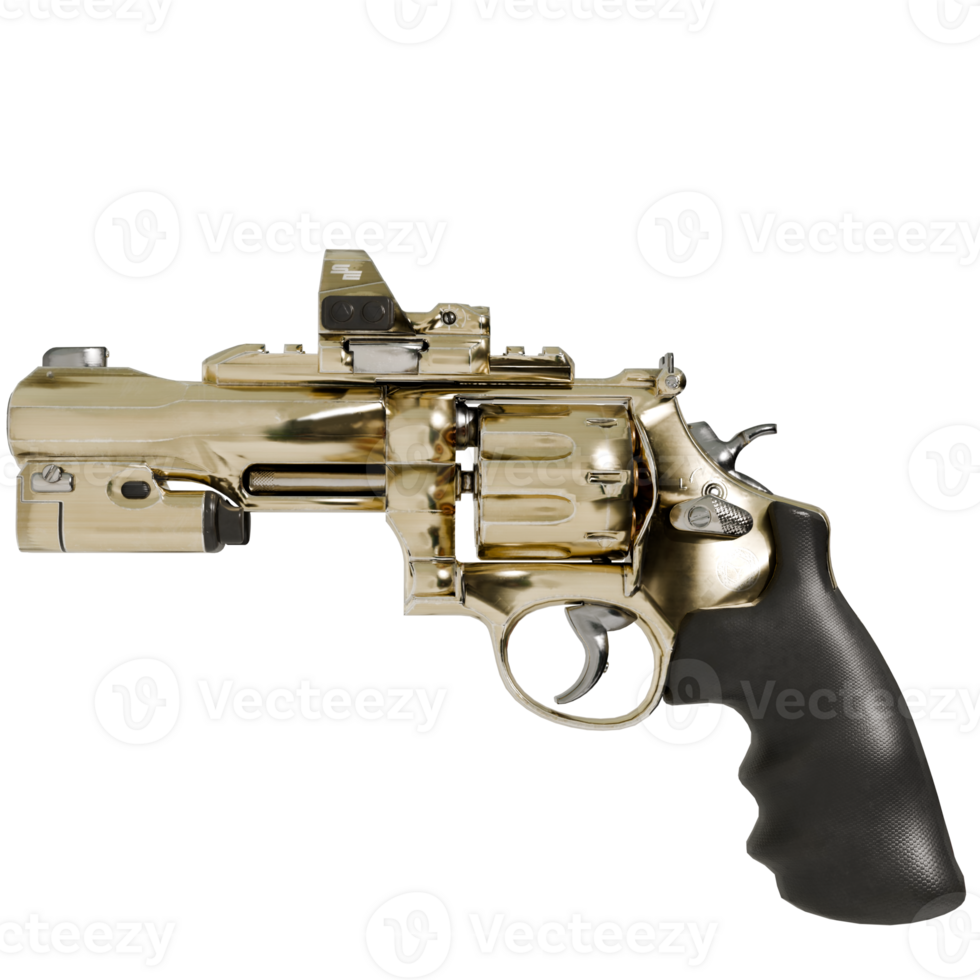 A gold revolver with a black handle and a black grip png