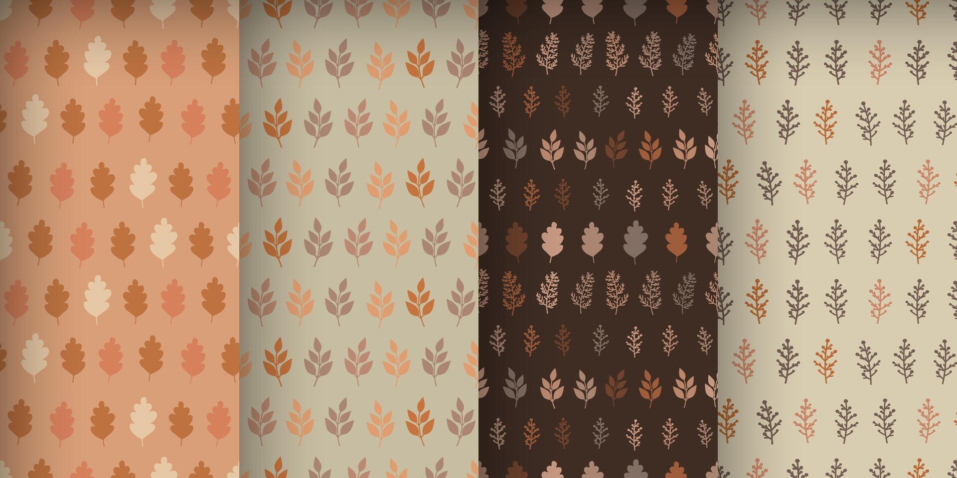 Autumn seamless patterns with stylized leaves and branches of plants, set in a brown, orange and beige palette vector