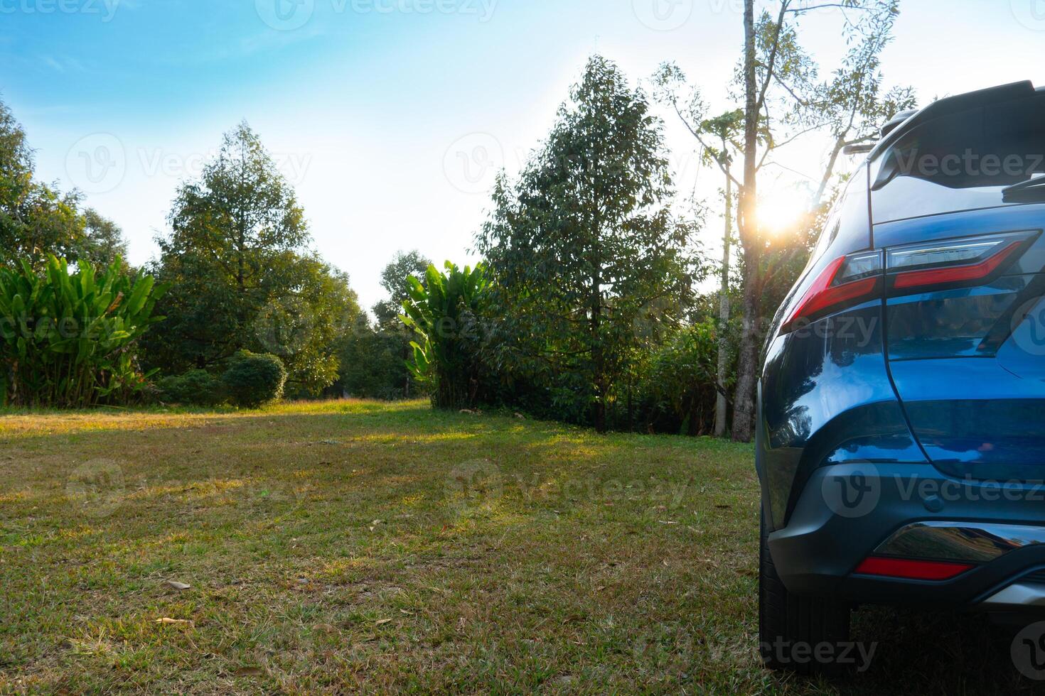 Rear side of blur car parking on green grass. Background of green trees of durian and meadow. Spacious camping area for a relaxing holiday. Light shines through and clear blue sky. photo