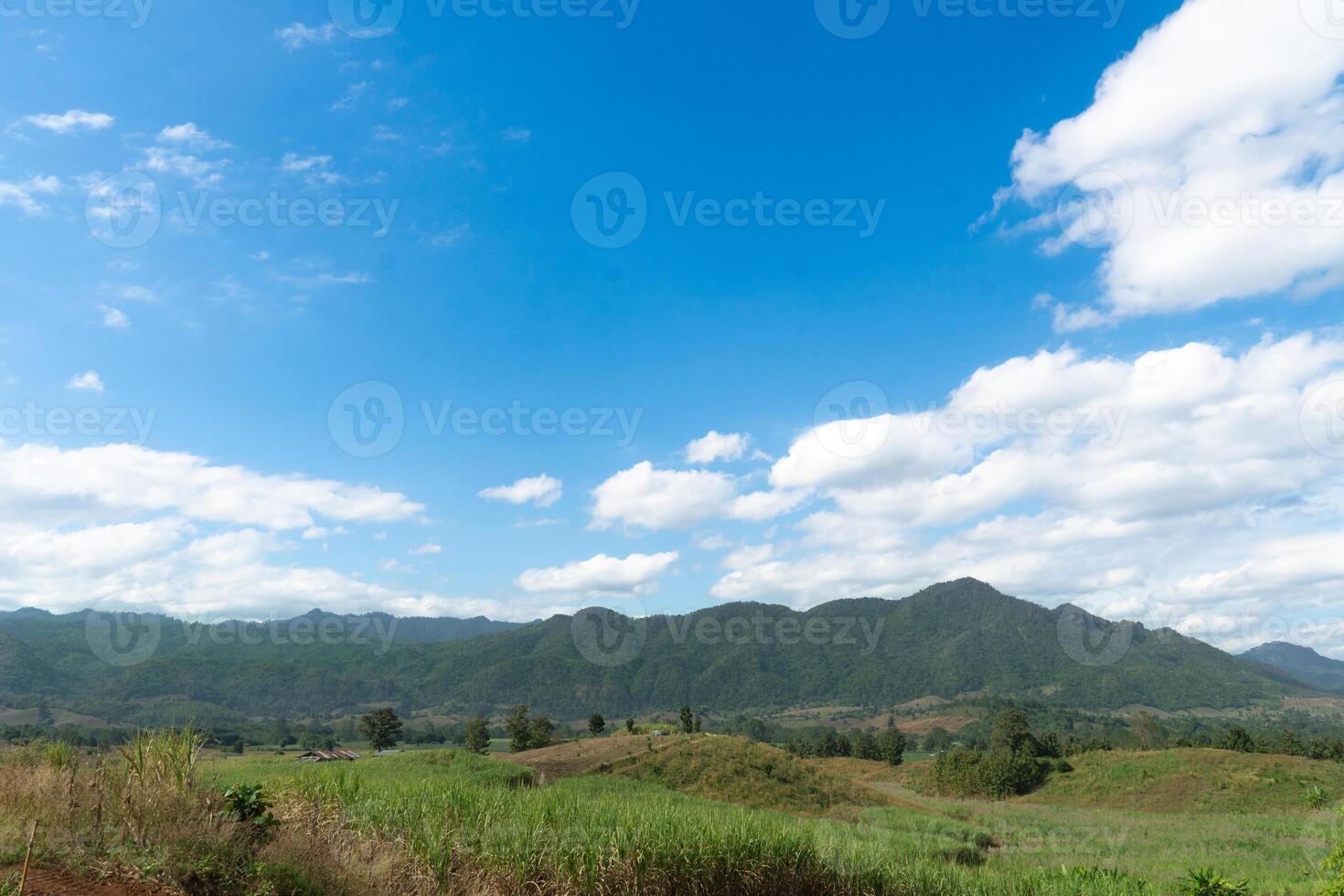 Landscape shows a green field or meadow in the foreground. Under bright blue sky with scattered white clouds. photo