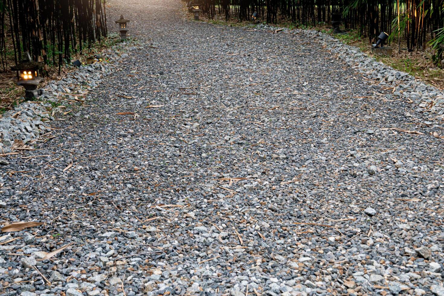 Gravel path that curves and heads straight ahead. The side of the road is dark forest mud. photo