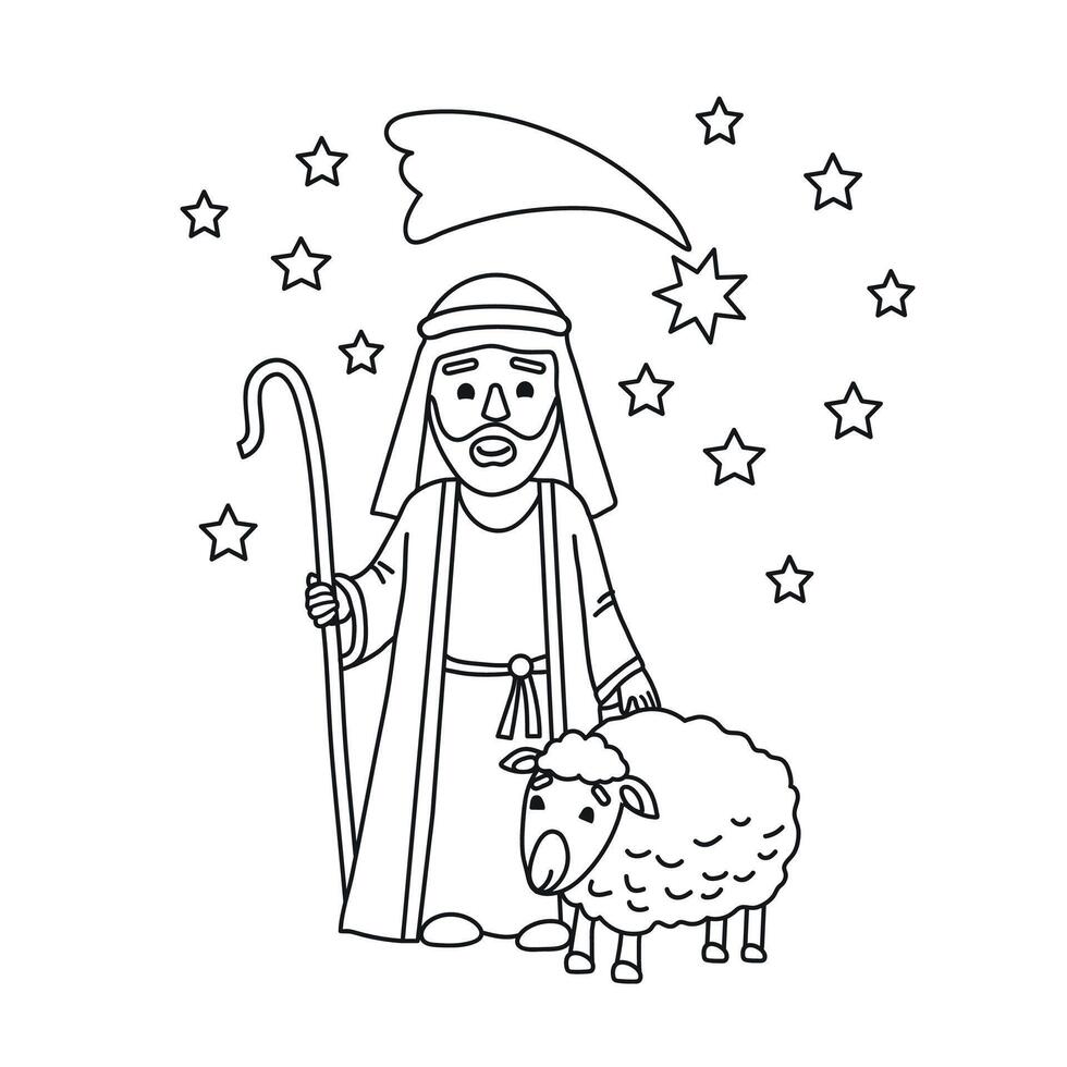 Merry Christmas line art card poster with spepperd sheep and Star of Bethlehem illustration vector