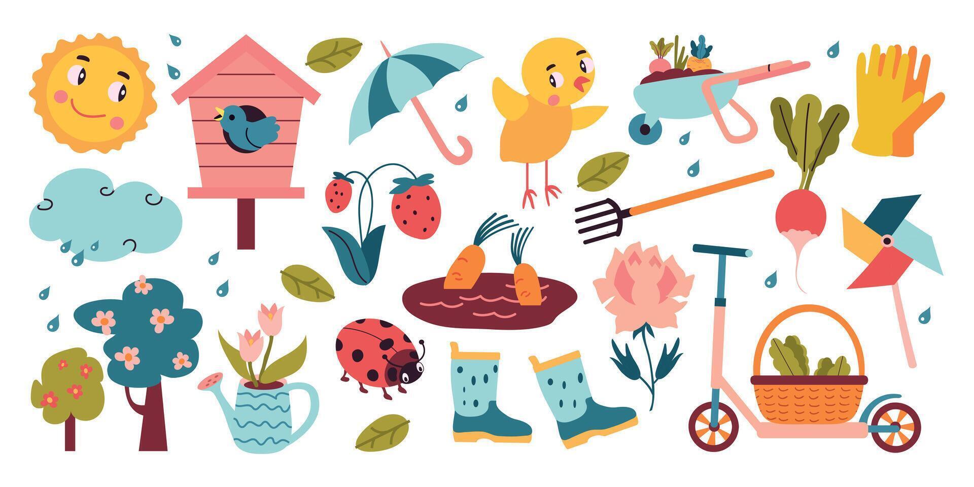 Set collection of spring cute isolated elements clipart vector