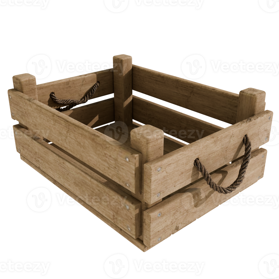Wooden crate with rope handles on a transparent background png