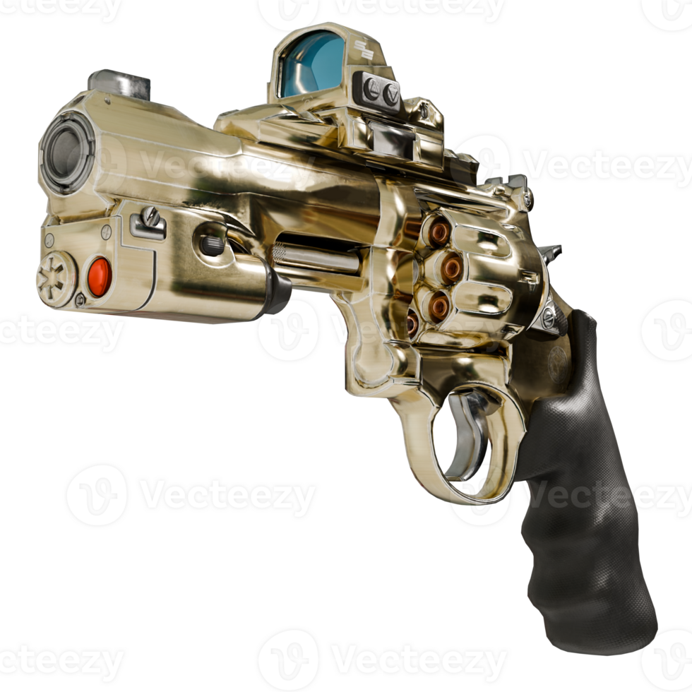 A golden gun with a black handle and a red trigger png
