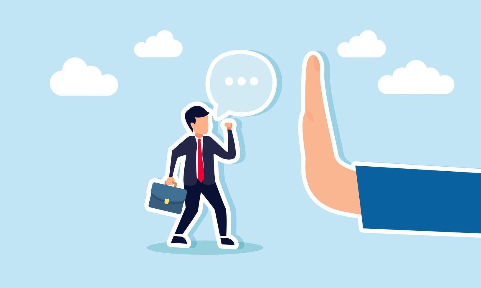 A hand stops a businessman from speaking, illustration of an effort to halt market protests against business or product performance vector