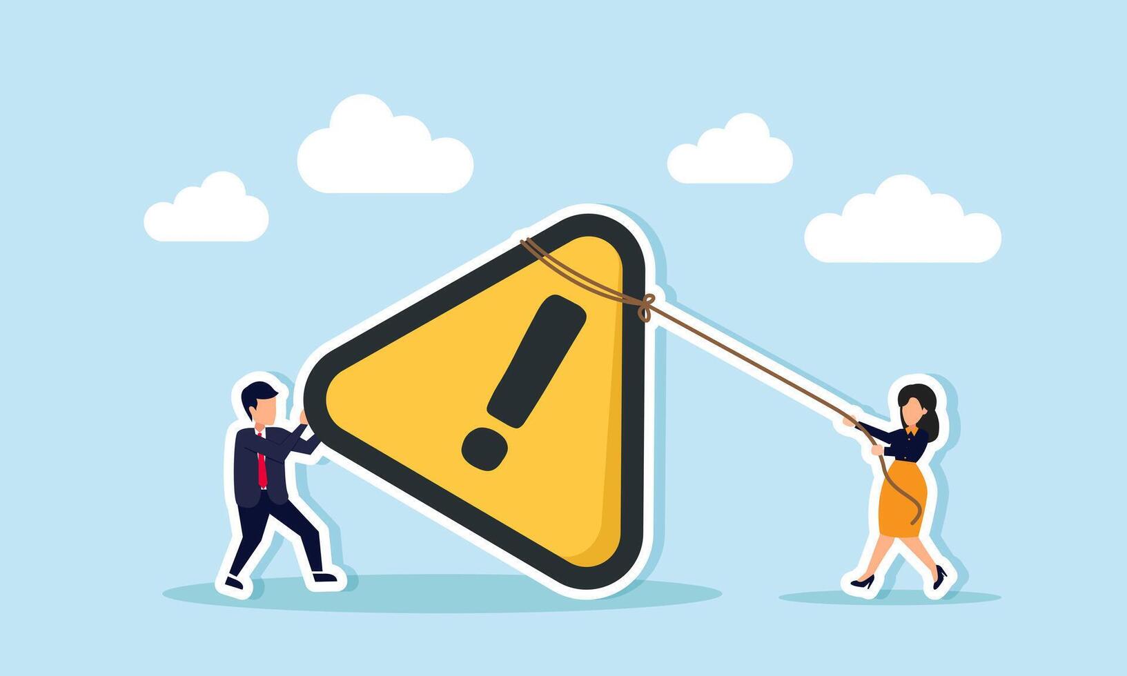Businessman tries to push a caution sign while businesswoman pulls it with a rope, illustration of teamwork in handling important and urgent tasks vector
