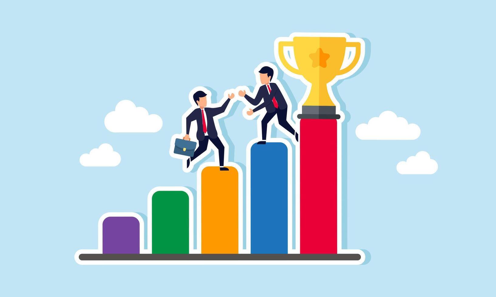 Businessman helps another businessman climb a chart to reach the top with a trophy, illustration of teamwork in achieving the company's vision as a leading company vector