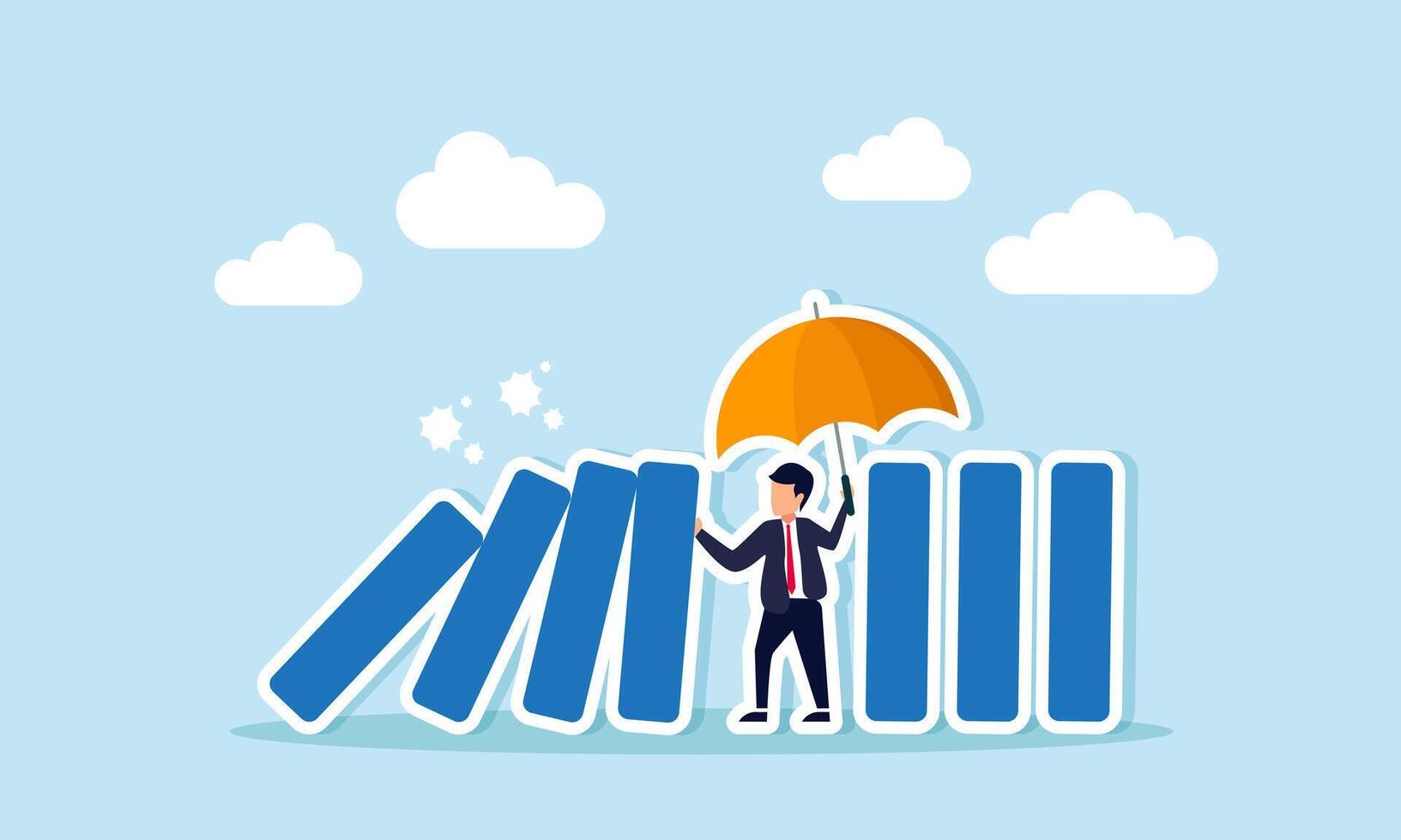 Businessman holds an umbrella to stop falling blocks from knocking down standing ones, illustration of maintaining team and financial stability in business performance vector