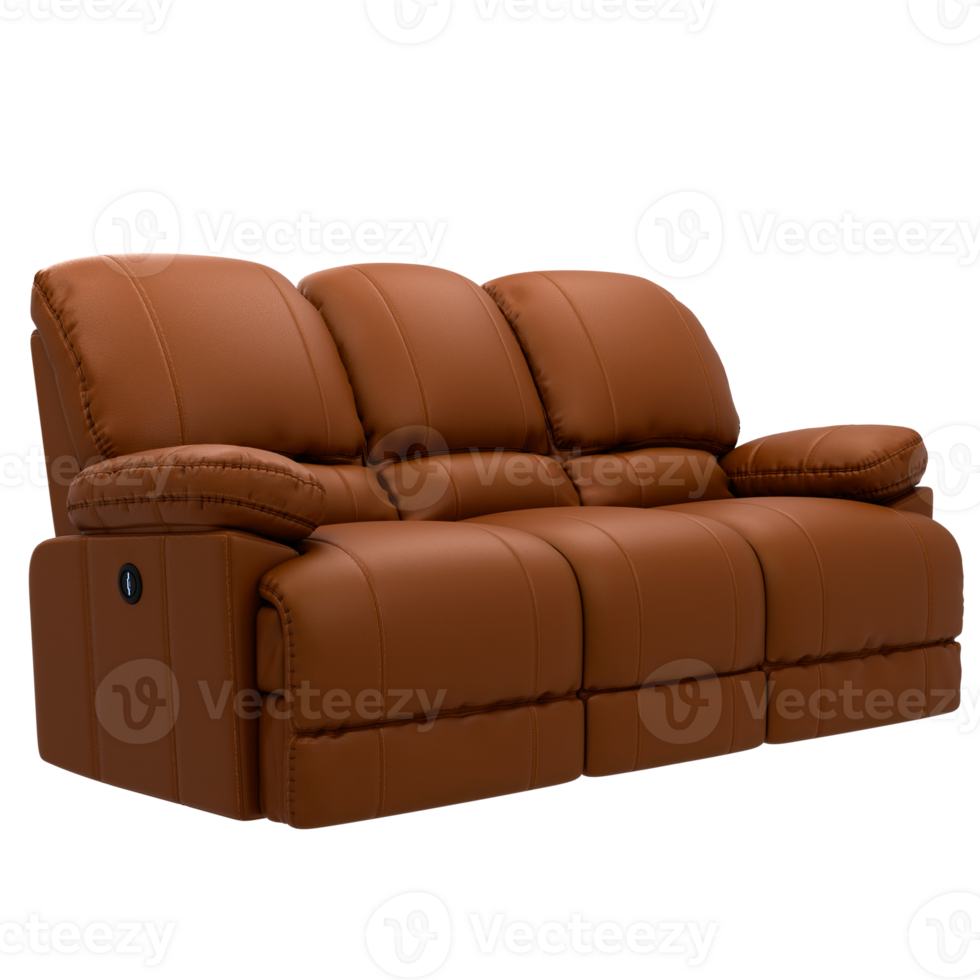 Leather reclining sofa is shown in a dark brown color png