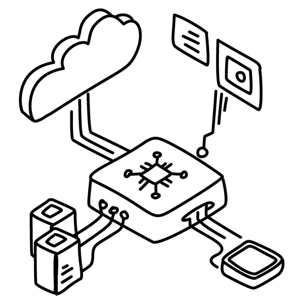 Line art illustration depicting Edge Computing in the context of IoT, where devices process data locally before sending it to the cloud vector