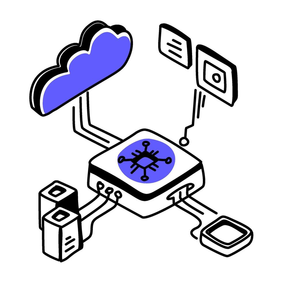 depicting Edge Computing, showcasing data processing happening locally on devices instead of solely relying on a centralized cloud, presentations, and educational materials related to IoT, AI vector