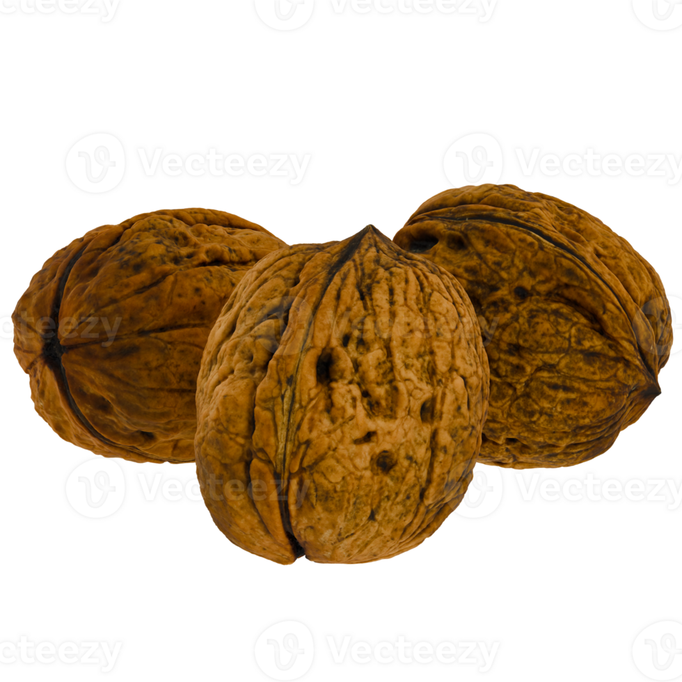 3d render three walnuts with transparent background png