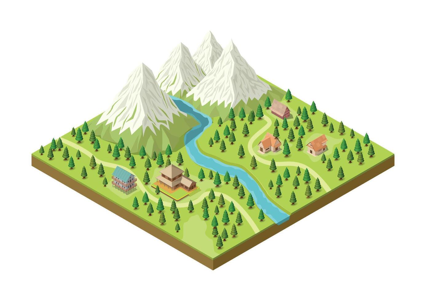 isometric beautiful mountain with village, river and forest vector