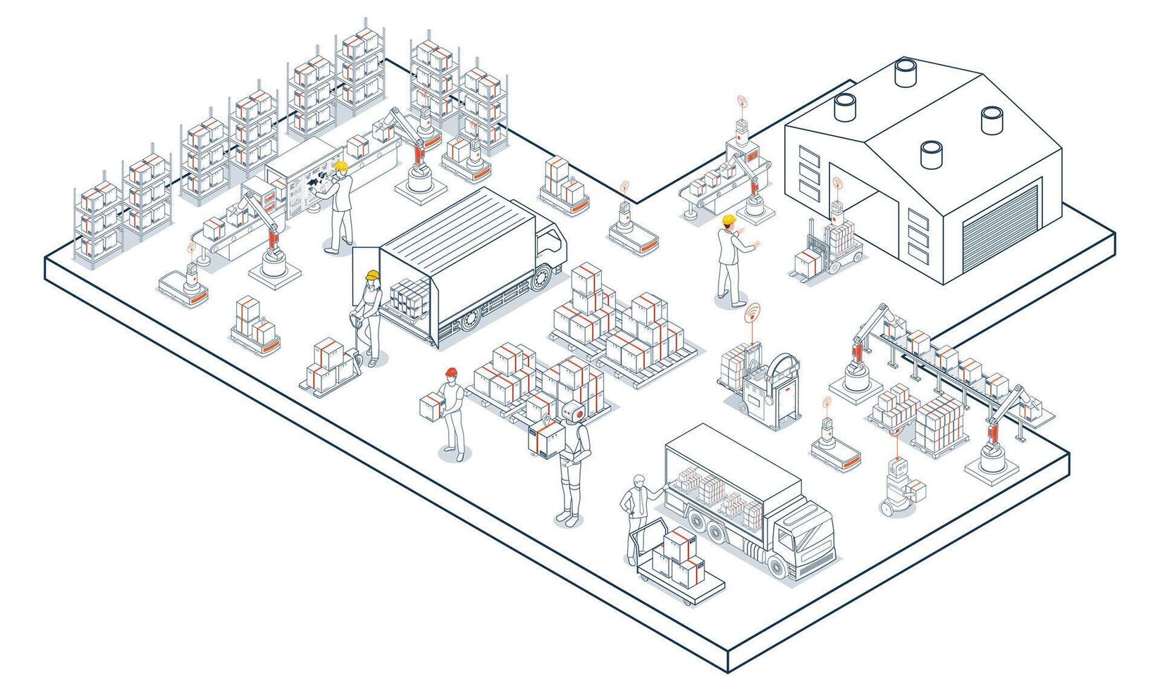 Warehouse logistics with workers loading products onto trucks, supported by AGVs, and AMRs for efficient transportation, encompassing export and import operations with pallets and cardboard boxes. vector