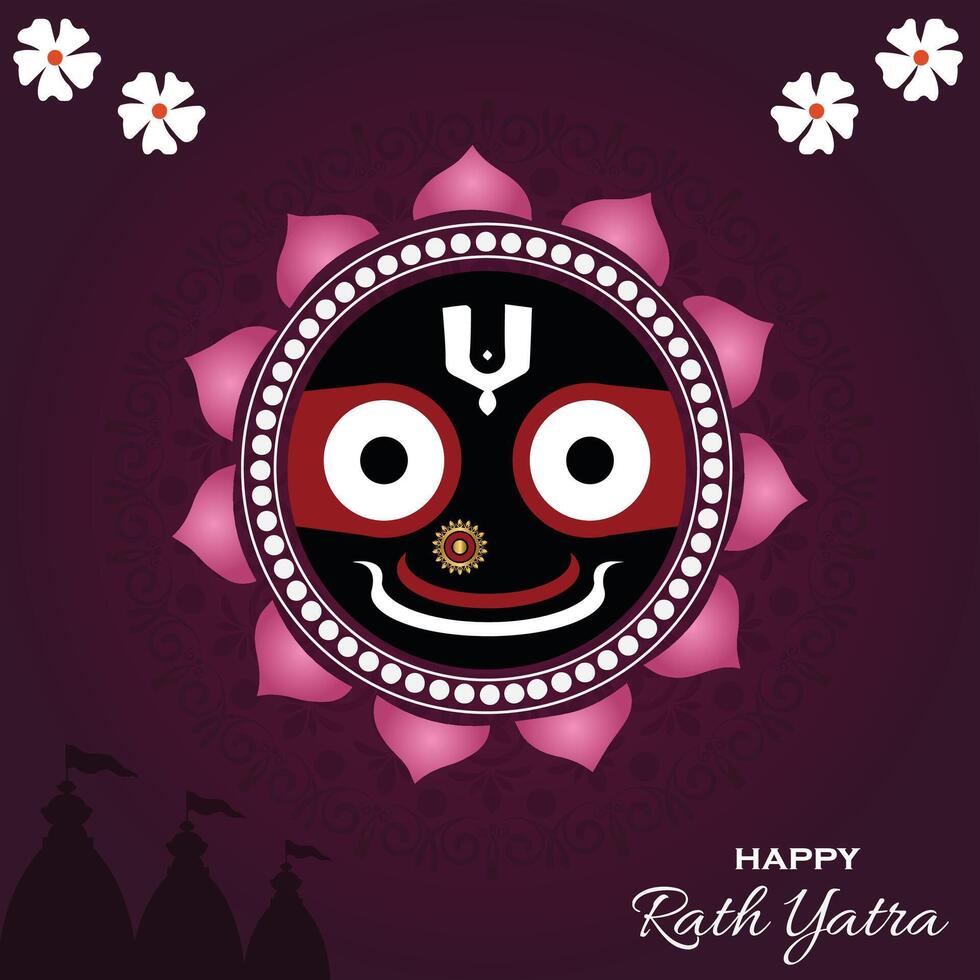 This vibrant artwork celebrates the spirit of Rath Yatra, featuring the sacred face of Lord Jagannath, adorned with a decorative lotus design.Divine Blessings of Jagannath. vector