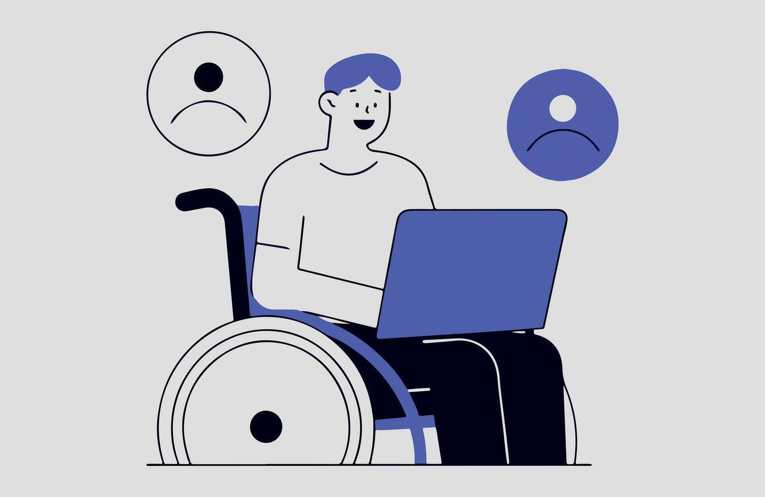 A man is sitting in a wheelchair with a laptop. A man with a disability works, studies online. Disability, vector