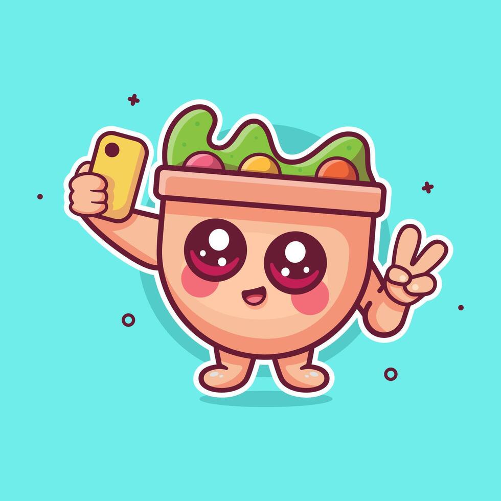 happy salad food character mascot taking a selfie with a smartphone isolated cartoon vector