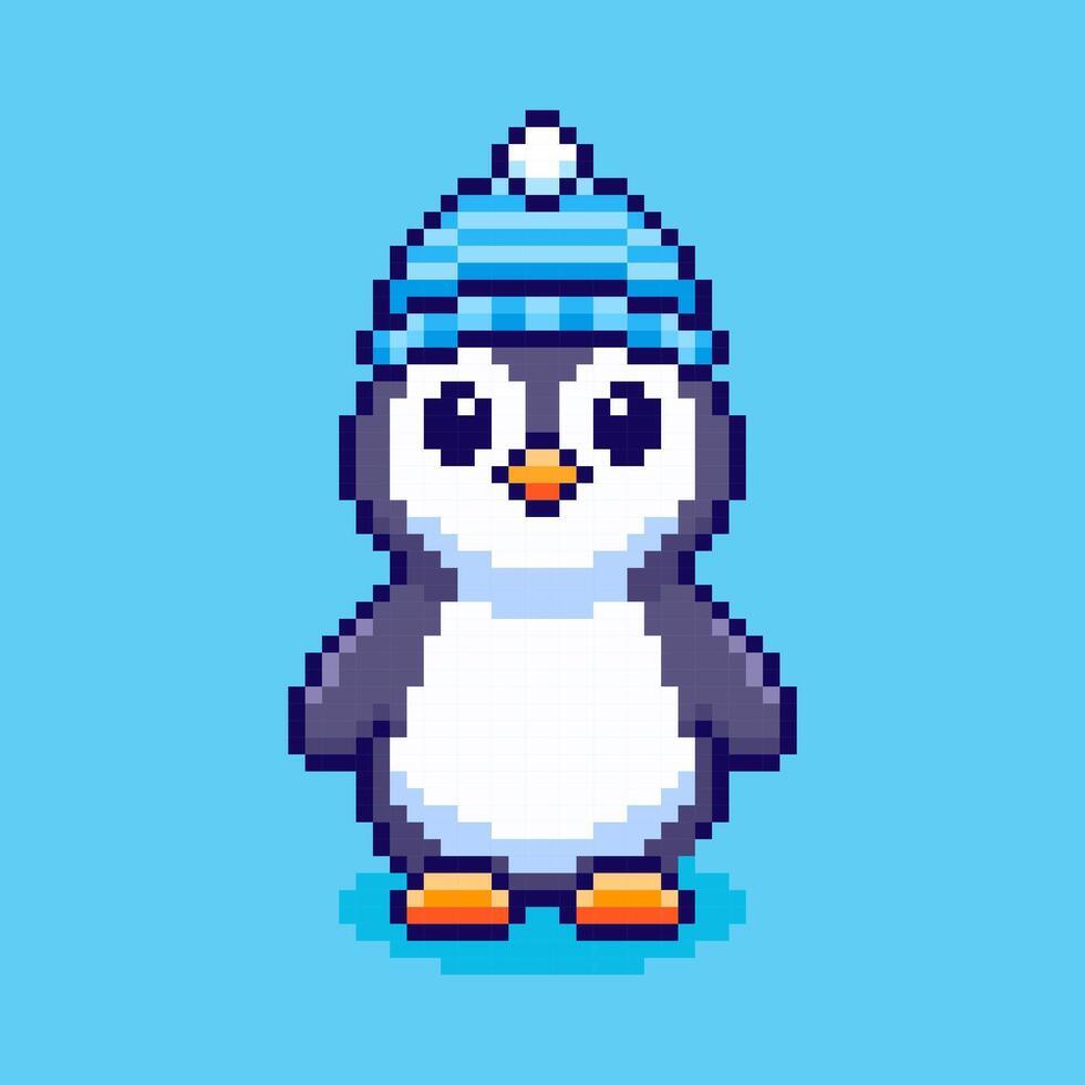Pixel art Cute Penguin with Winter Hat game asset design vector