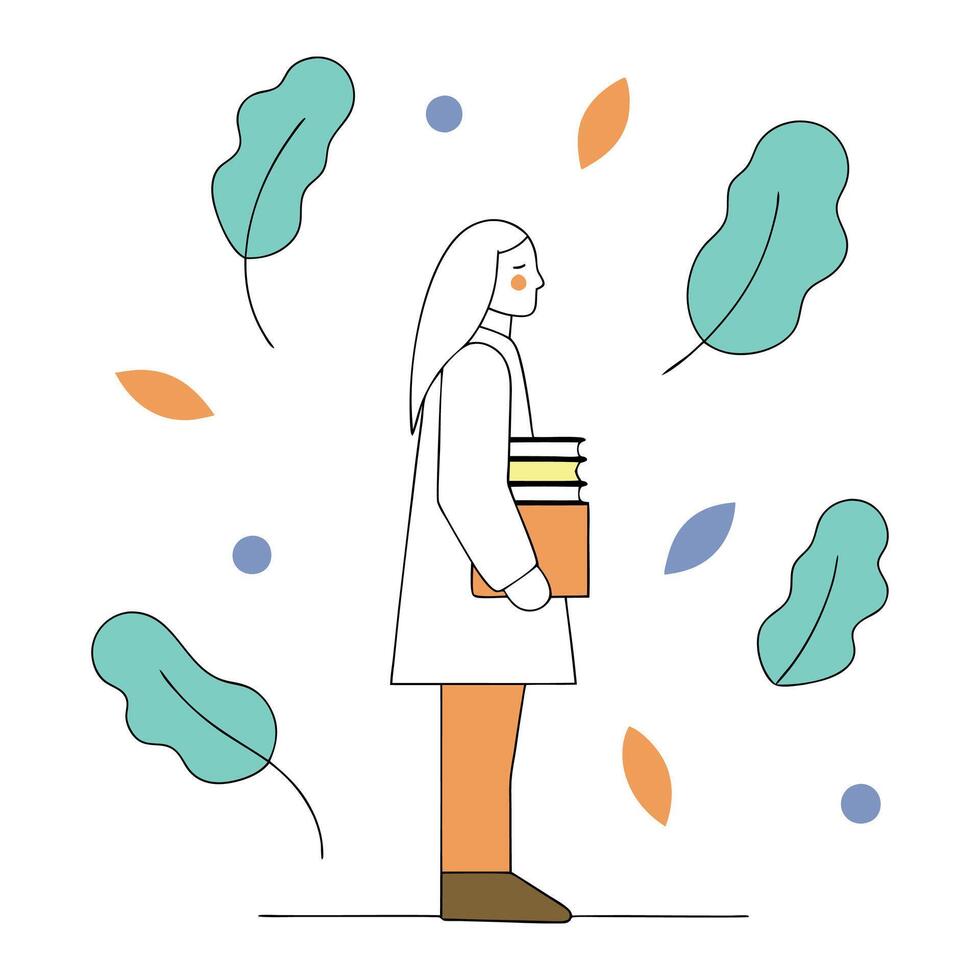 Illustration of a poetess standing in profile, holding books, with a background featuring feathers and ink vector