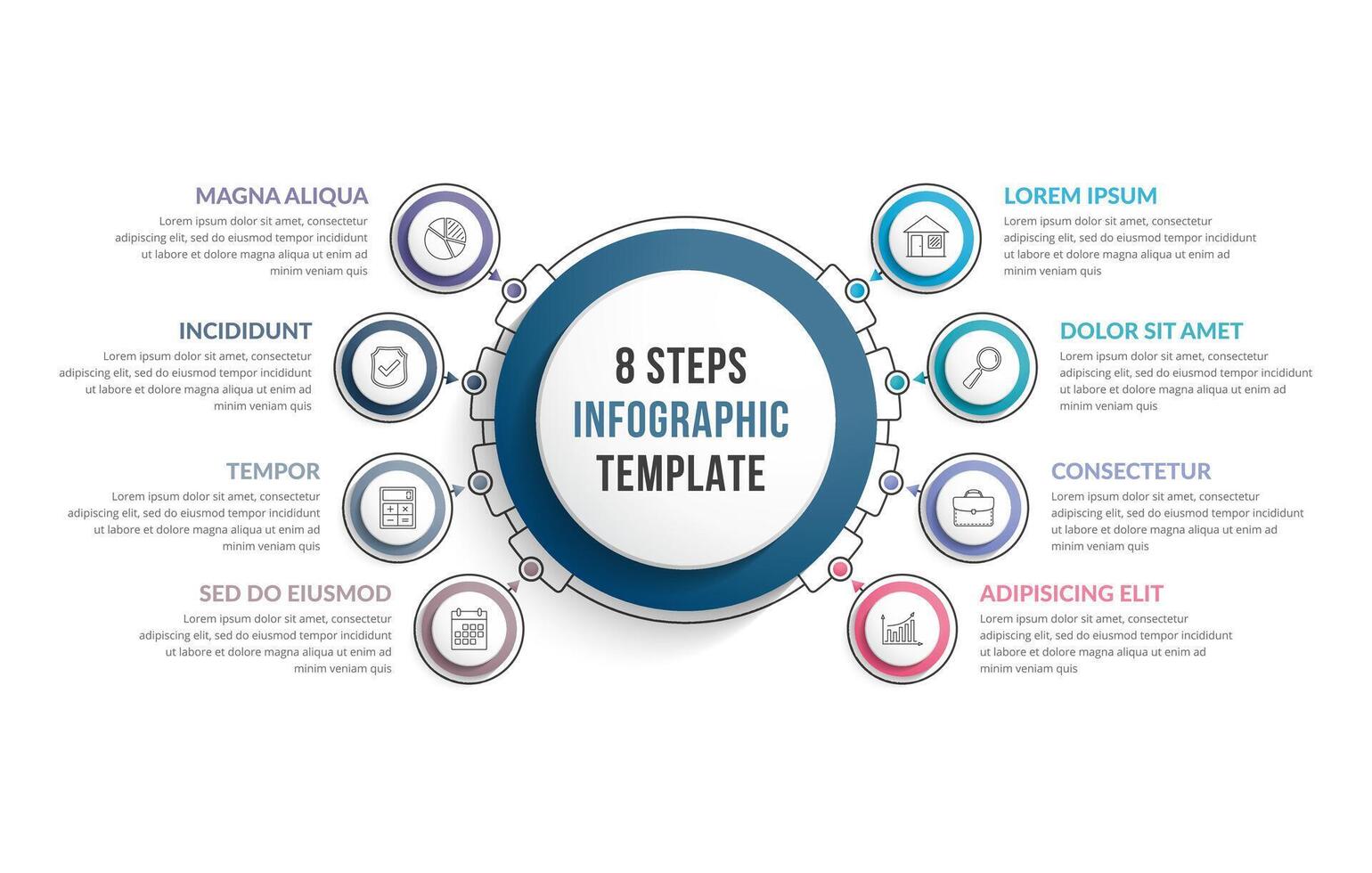 Infographic template with eight steps or options, workflow or process diagram vector