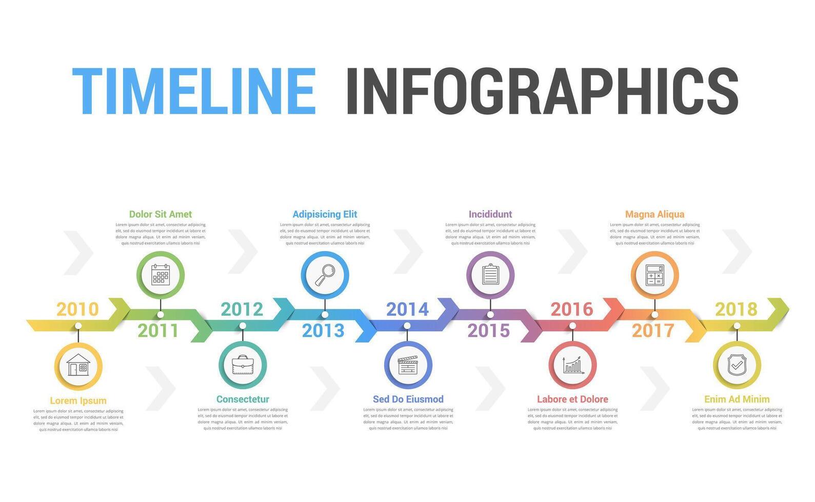 Timeline infographics template with nine arrows, workflow or process diagram, soft gradient colors vector