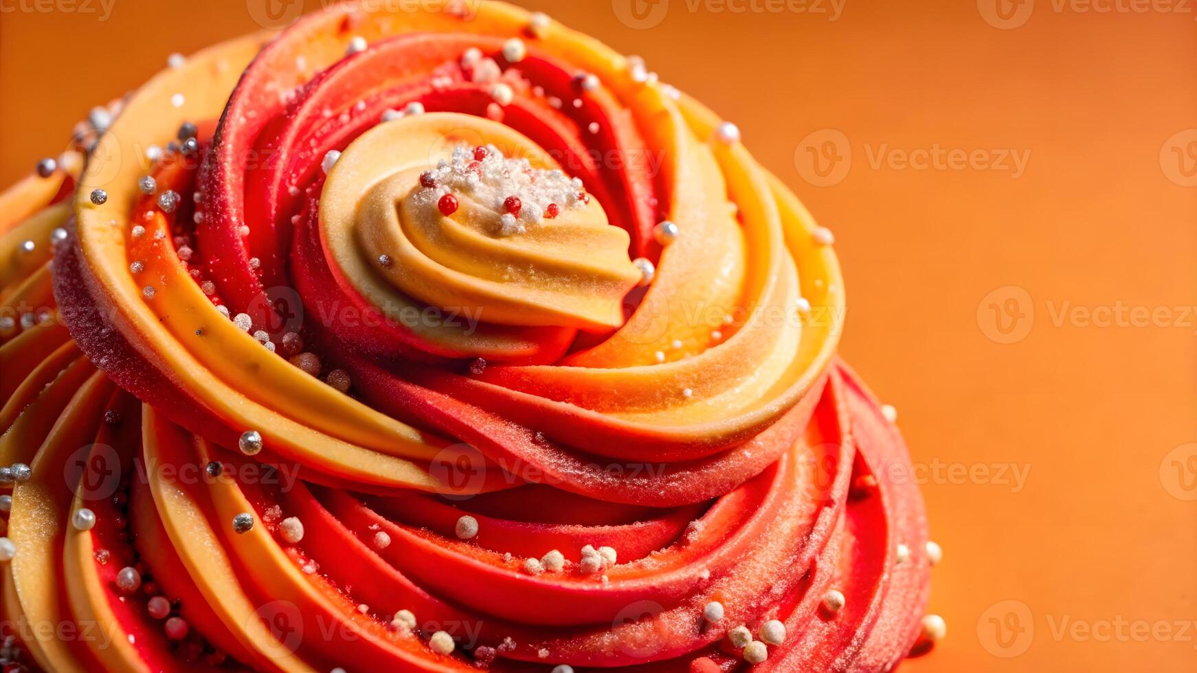 Close-up of colorful frosting swirls with sprinkles on orange background. photo