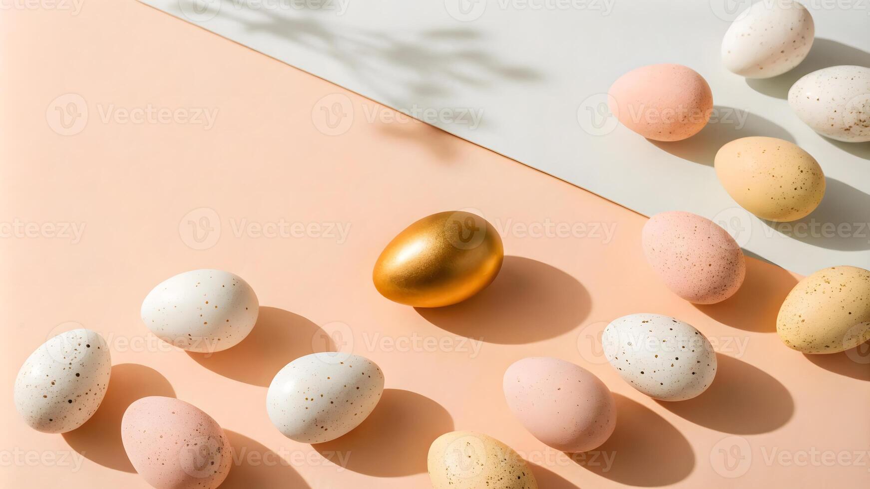 Golden egg among pastel-colored eggs on a soft background. photo
