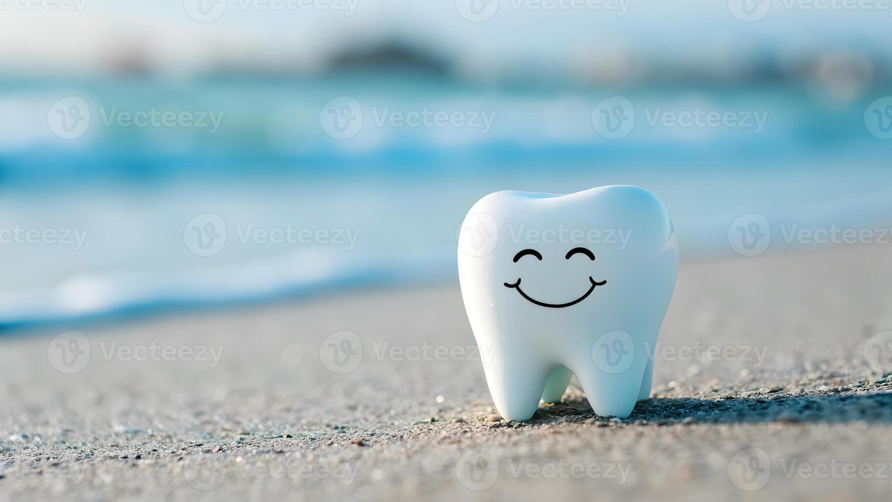 Smiling tooth figure on sandy beach with blurred ocean background. photo