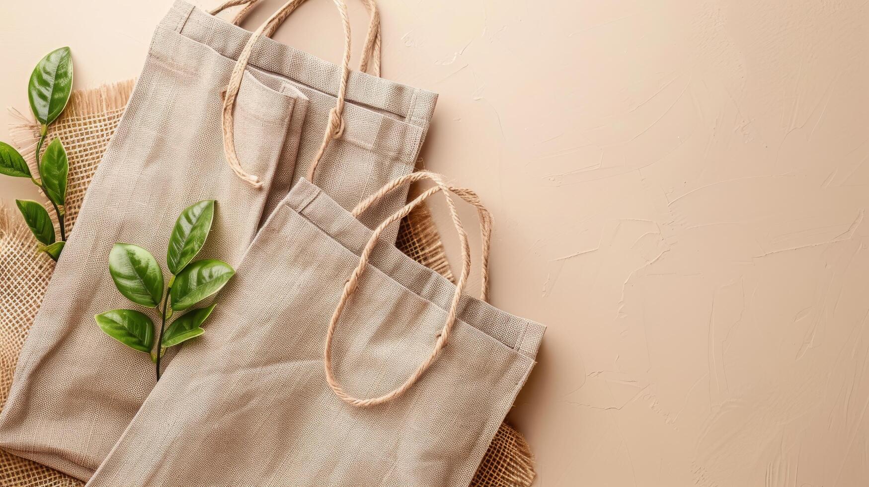 Minimalistic flat lay of ecofriendly shopping paper bags isolated on white background with text space, brown textile cotton bags for recycle shopping bag in eco friendly concept photo