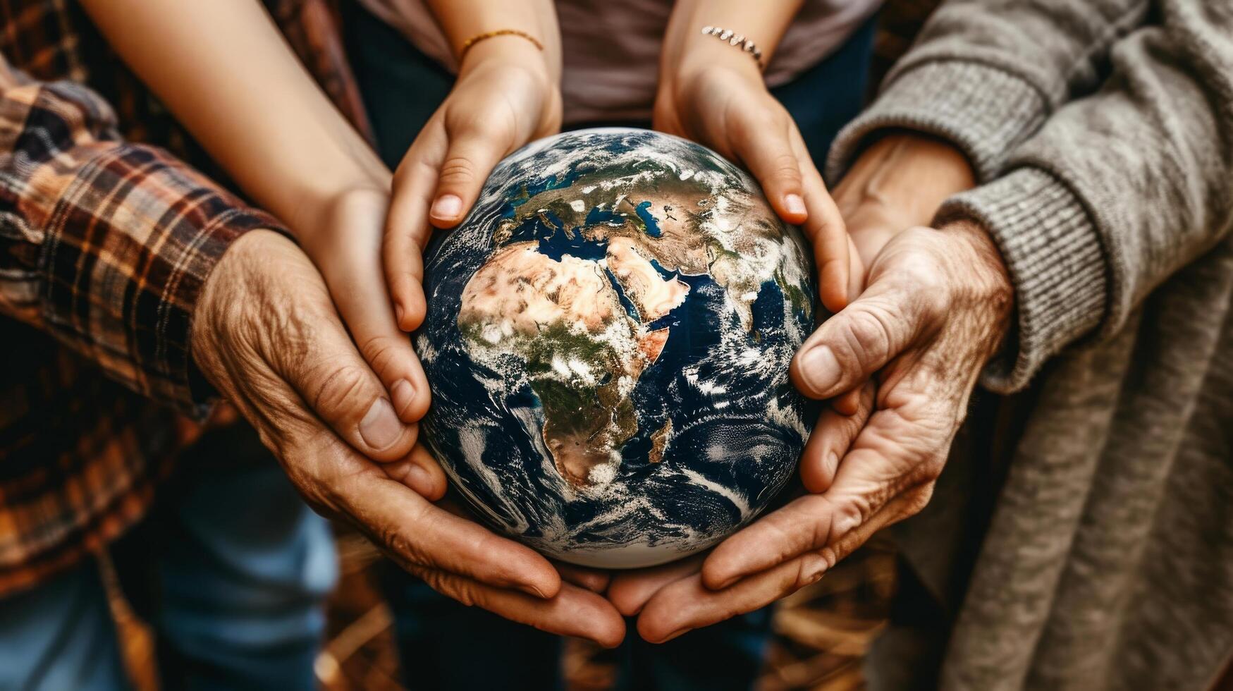 hands holding the earth in their hands, Colorful hand as unity, humanity in differs difference, concept of heal the world, banner for healing the nature and the world photo