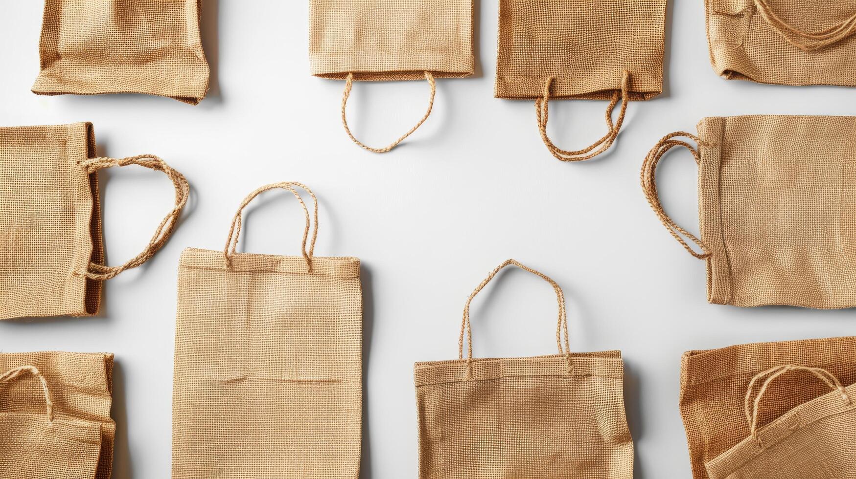 Minimalistic flat lay of ecofriendly shopping textile cotton bags isolated on background with text space, brown textile cotton bags for recycle shopping bag photo