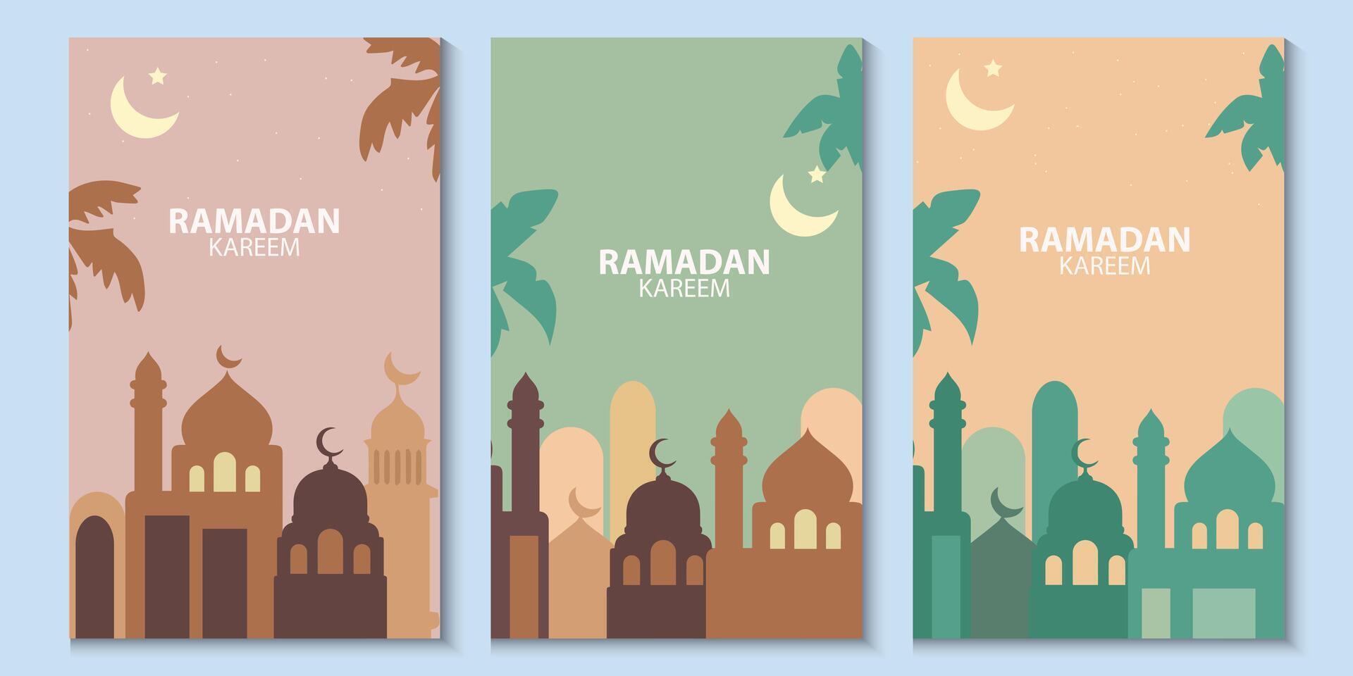 greeting card ramadan kareem banners set with mosque and trees vector