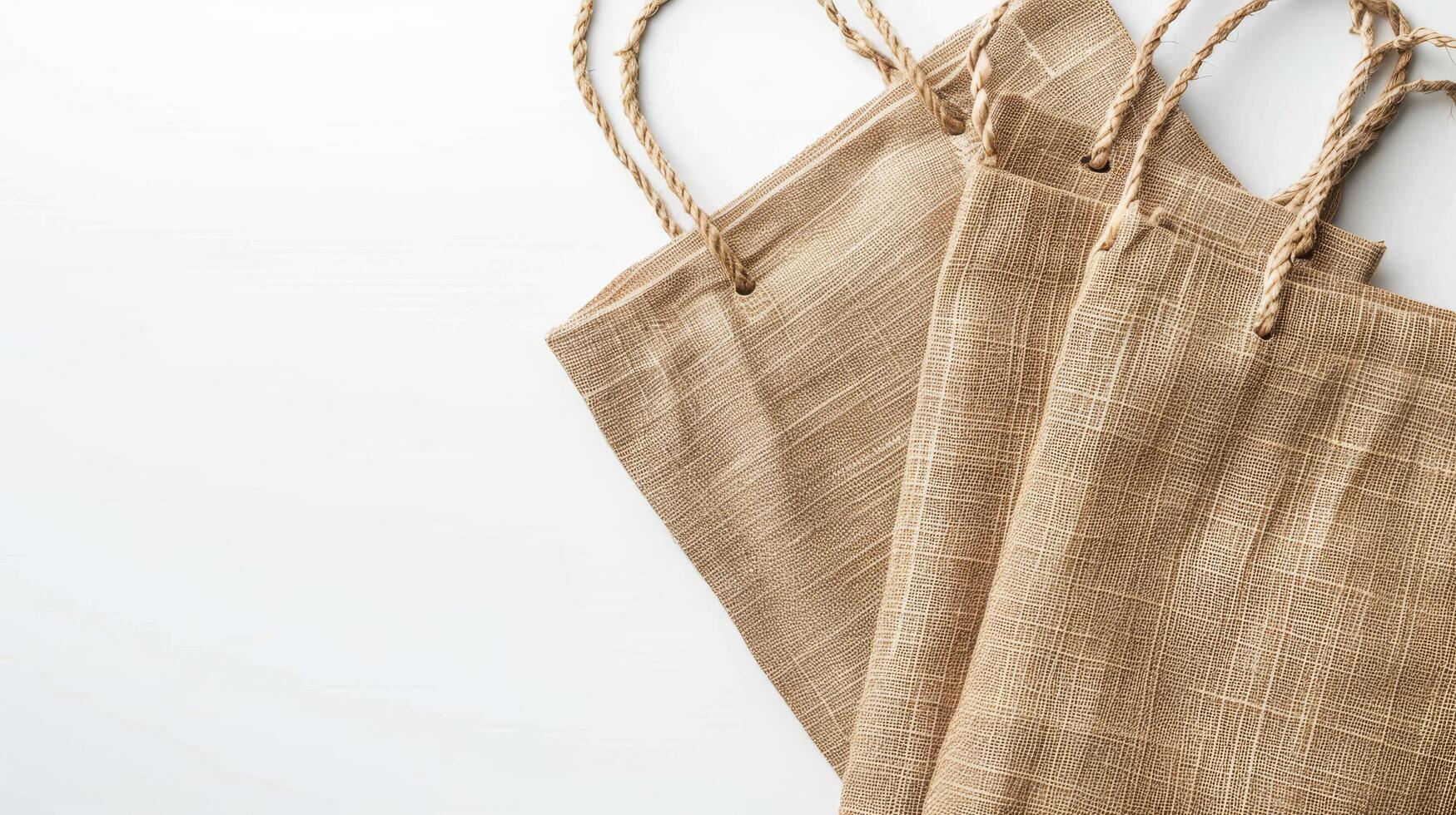 Minimalistic flat lay of ecofriendly shopping textile cotton bags isolated on background with text space, black textile cotton bags for recycle shopping bag photo