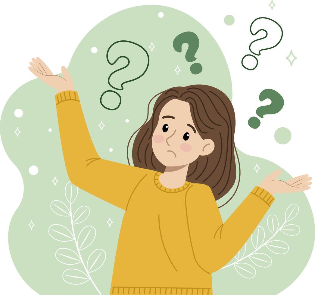 Illustration of a confused young woman with a question mark next to her head. vector