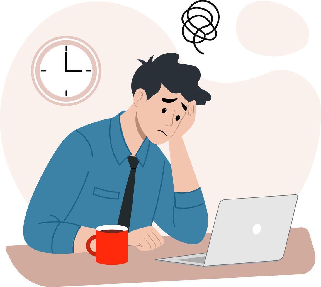 Illustration of a stressed and anxious man sitting at a desk and a spiral symbol above his head representing stress. vector