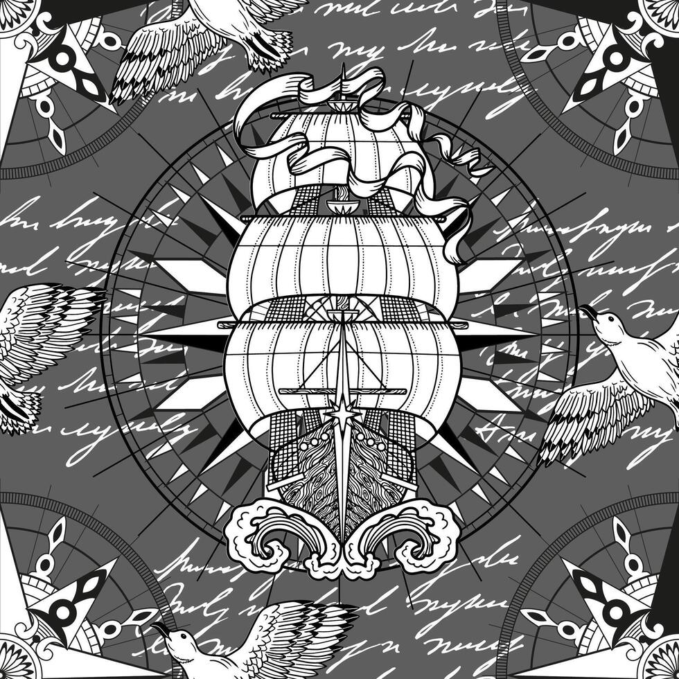 Seamless pattern with ancient sailing ship, marine objects, navigational devices and text. Vintage transportation and old adventures concept. No foreign language, all symbols are fictional vector