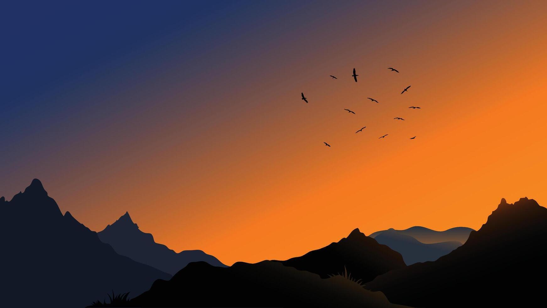 Mountain silhouette at sunset with flying birds in the sky vector