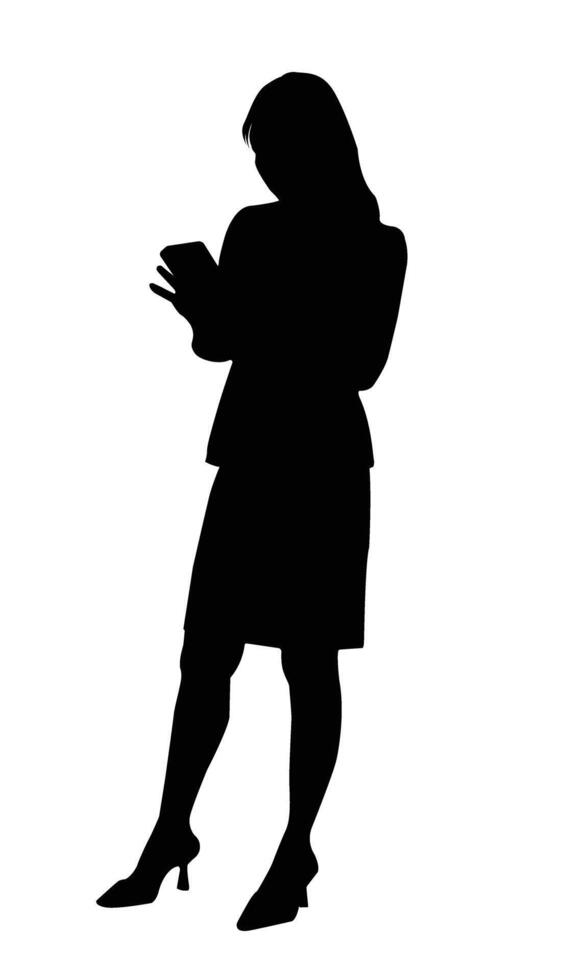 The silhouette of a woman standing using her phone connection tecnology vector