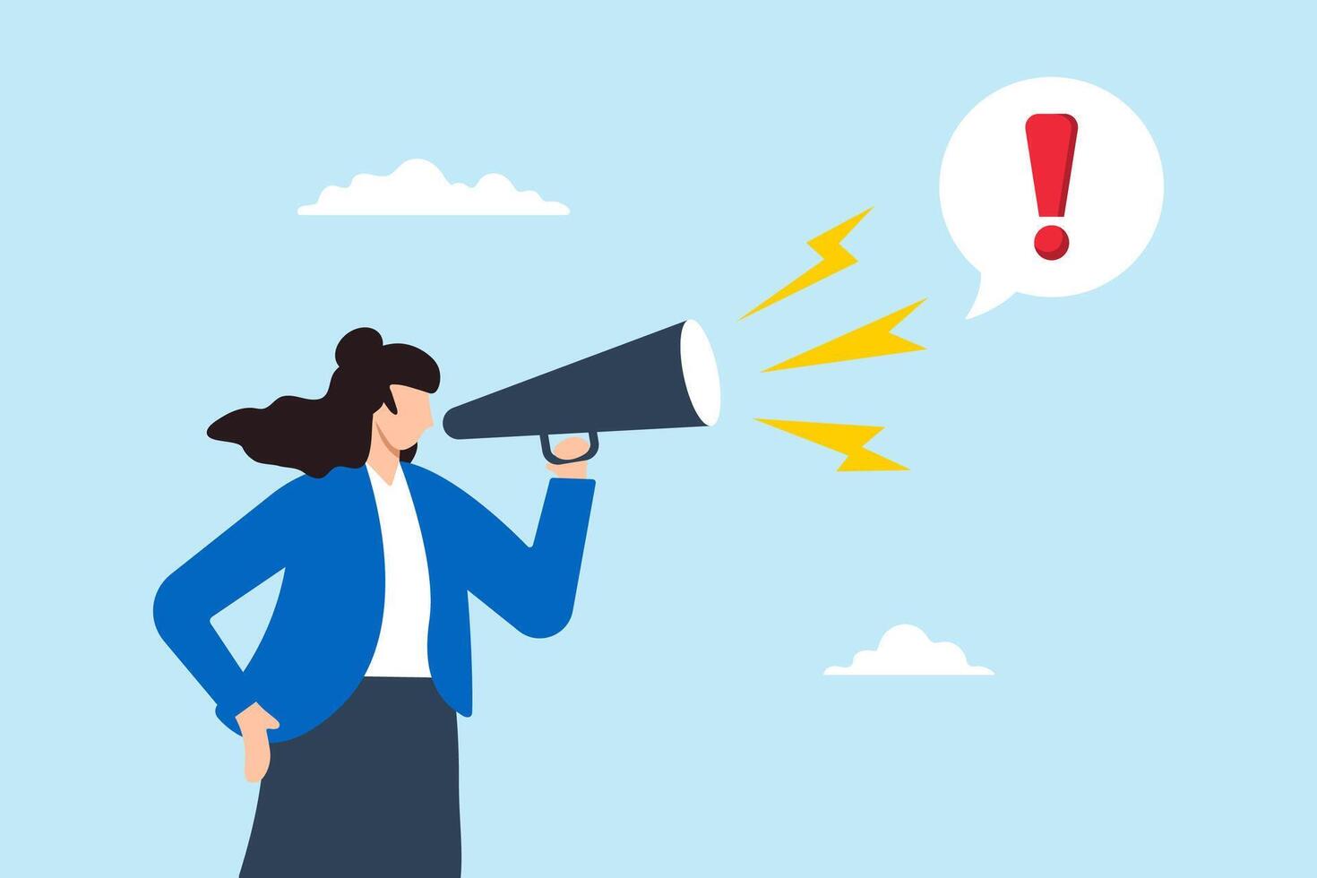Flat illustration of businesswoman talk on megaphone with exclamation mark symbolizing important announcement vector