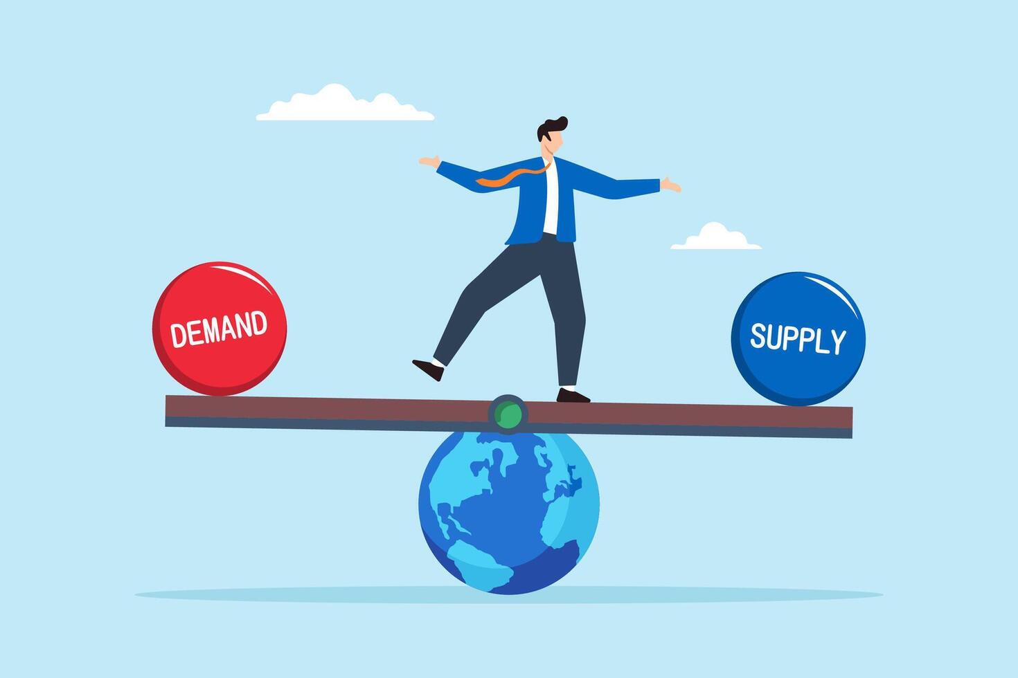 Flat illustration of businessman balancing demand and supply on globe seesaw symbolizing global economic equilibrium vector