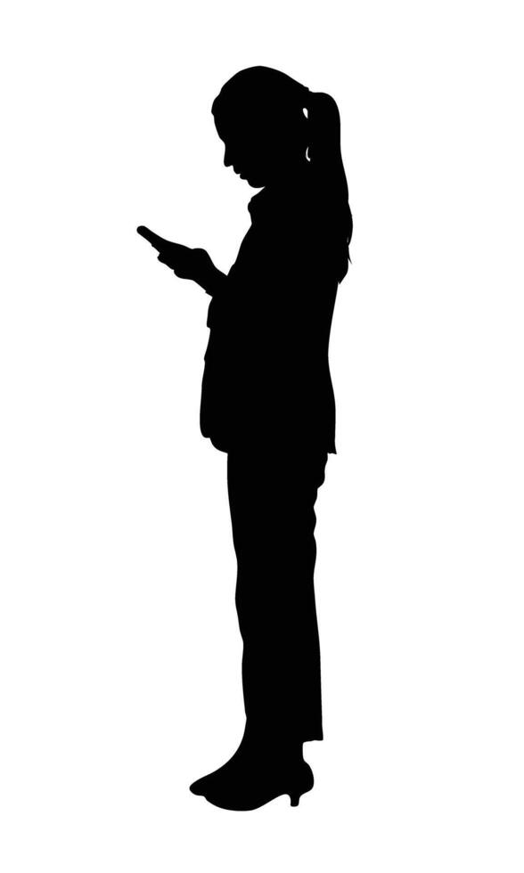 The silhouette of a woman standing using her phone emphasizes the connection women with technology vector