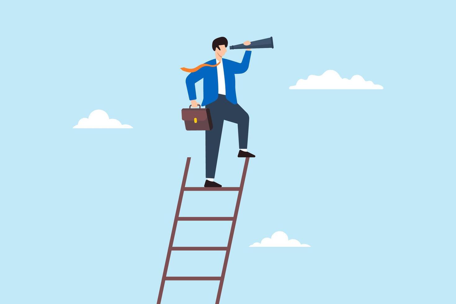 Flat illustration of smart businessman climb ladder and look through telescope symbolizing visionary leadership for success vector