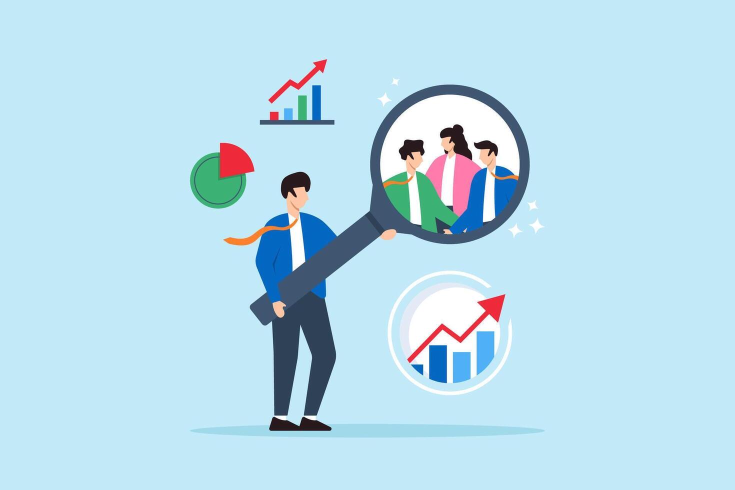 Flat illustration of businessman examine large magnifier over customer group symbolizing research for marketing insight vector