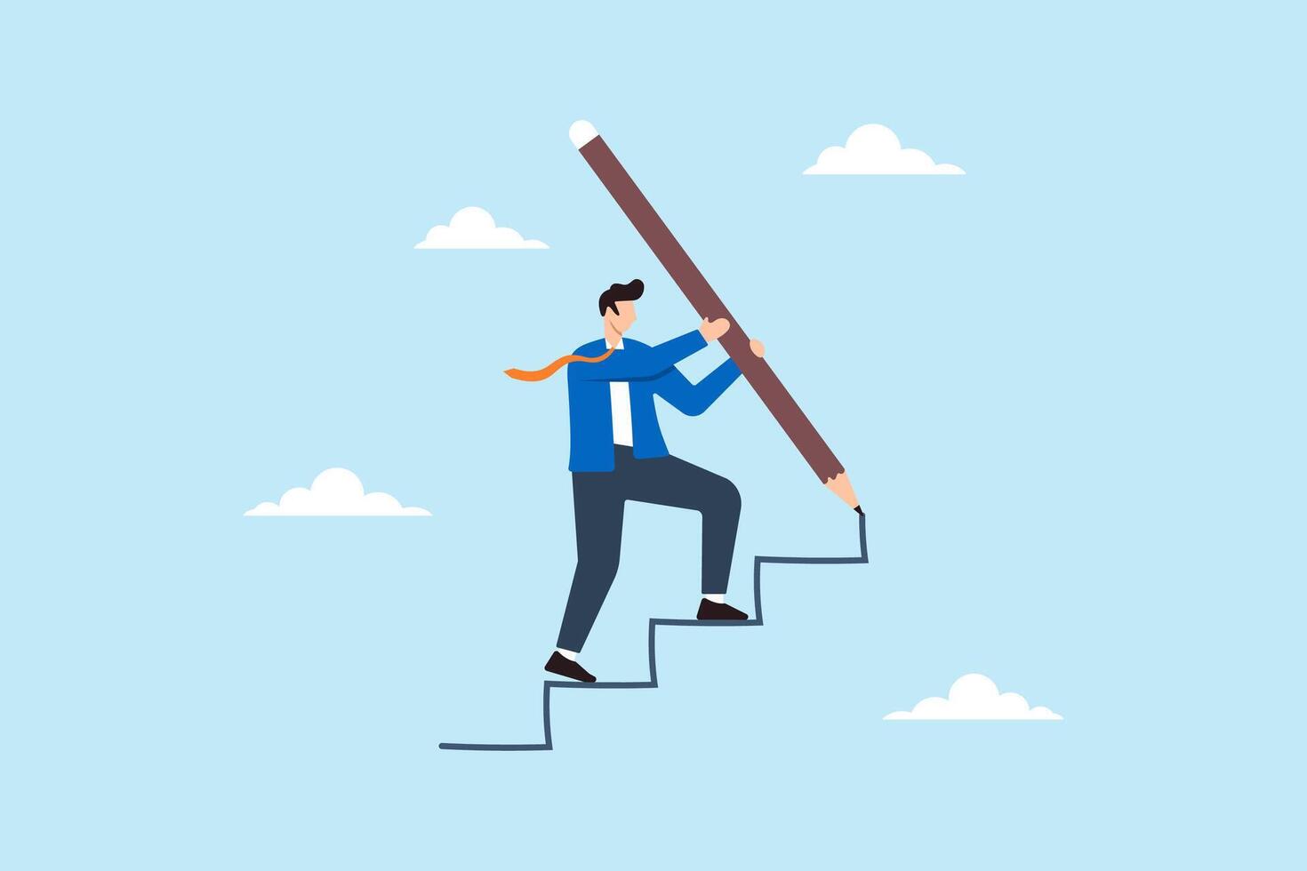 Flat illustration of businessman use pencil to draw stair symbolizing building career path to achieve success vector