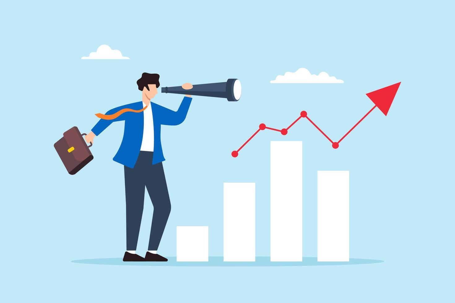 Flat illustration of businessman look through telescope to analyze forecast chart symbolizing leadership vision and prediction vector