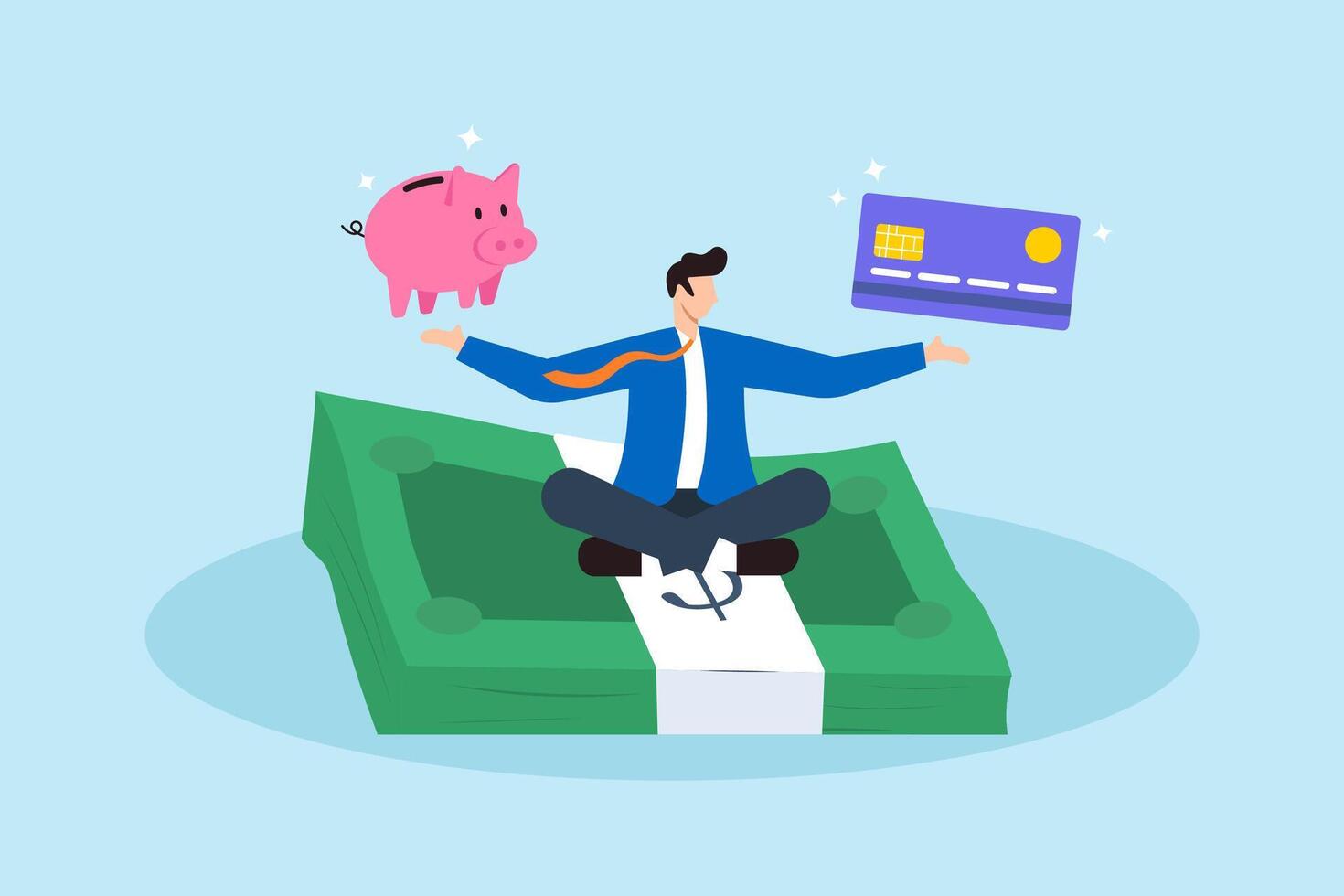 Flat illustration of ambitious man meditate on banknote with credit card and piggy bank symbolizing financial discipline and wealth building vector